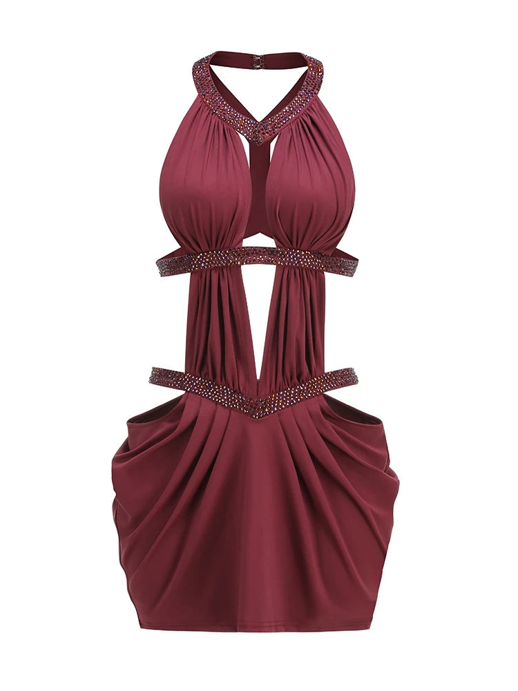 Burgundy crystal halter ruched mini gown on mannequin with open chest and ruffle hem