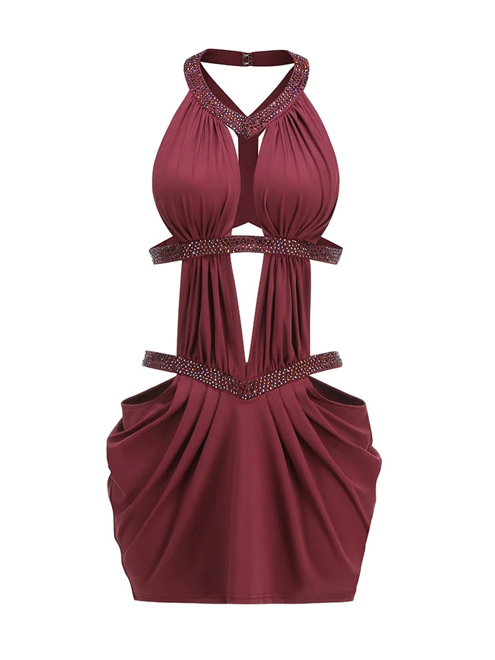 Burgundy crystal halter ruched mini gown on mannequin with open chest and ruffle hem
