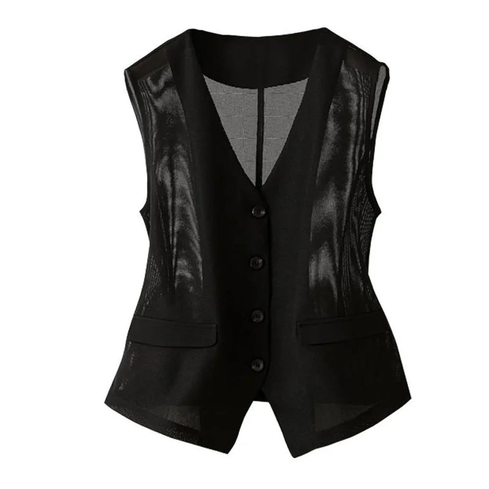 Black short sleeveless mesh waistcoat with button front and flap pockets