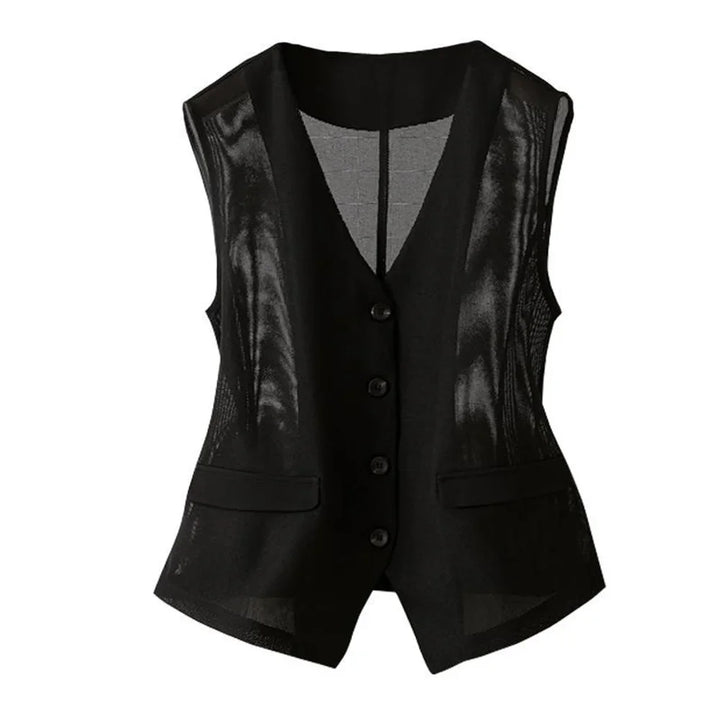 Black short sleeveless mesh waistcoat with button front and flap pockets