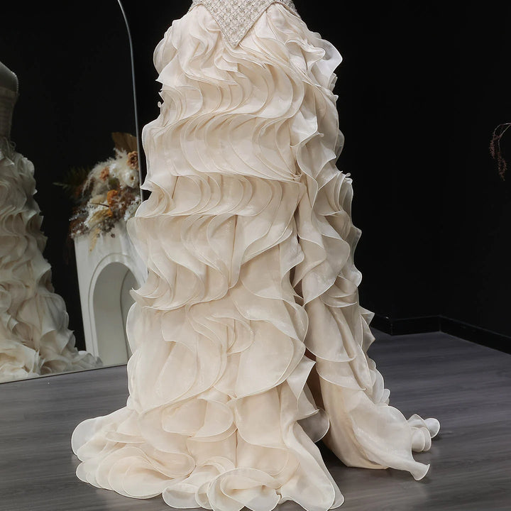 Luxury Ruffled Beaded Pearl Evening Dress