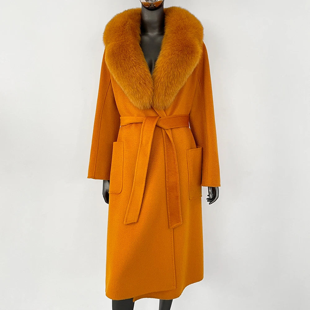 Elegant Natural Wool Fur Long Coat