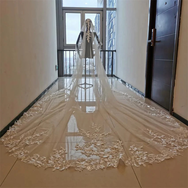 Regal Long Lace Appliques Cathedral Veil