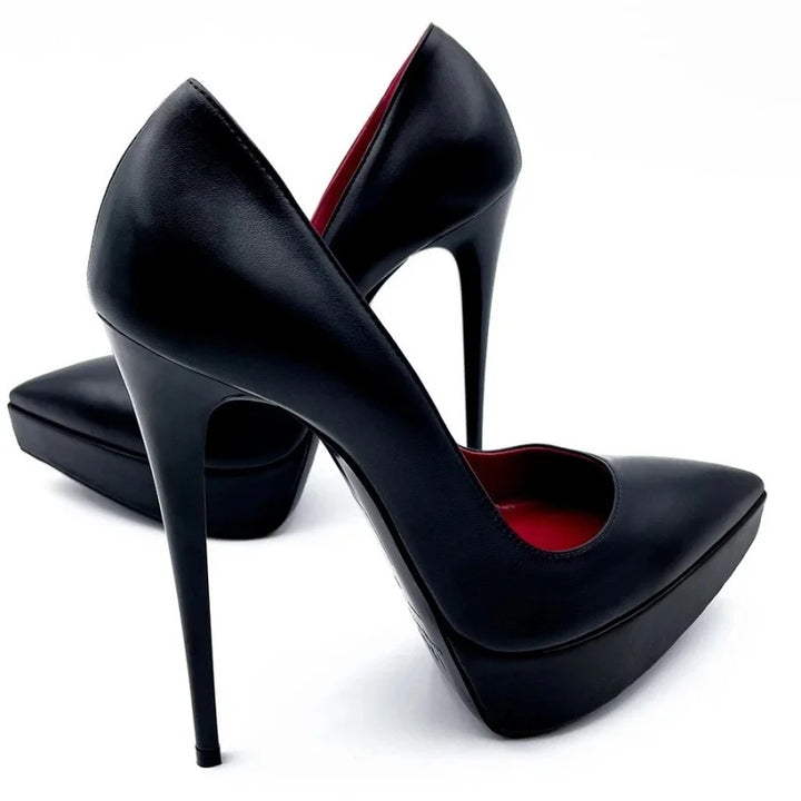 Black pointed-toe slip-on high heel pumps with stiletto heel and platform sole