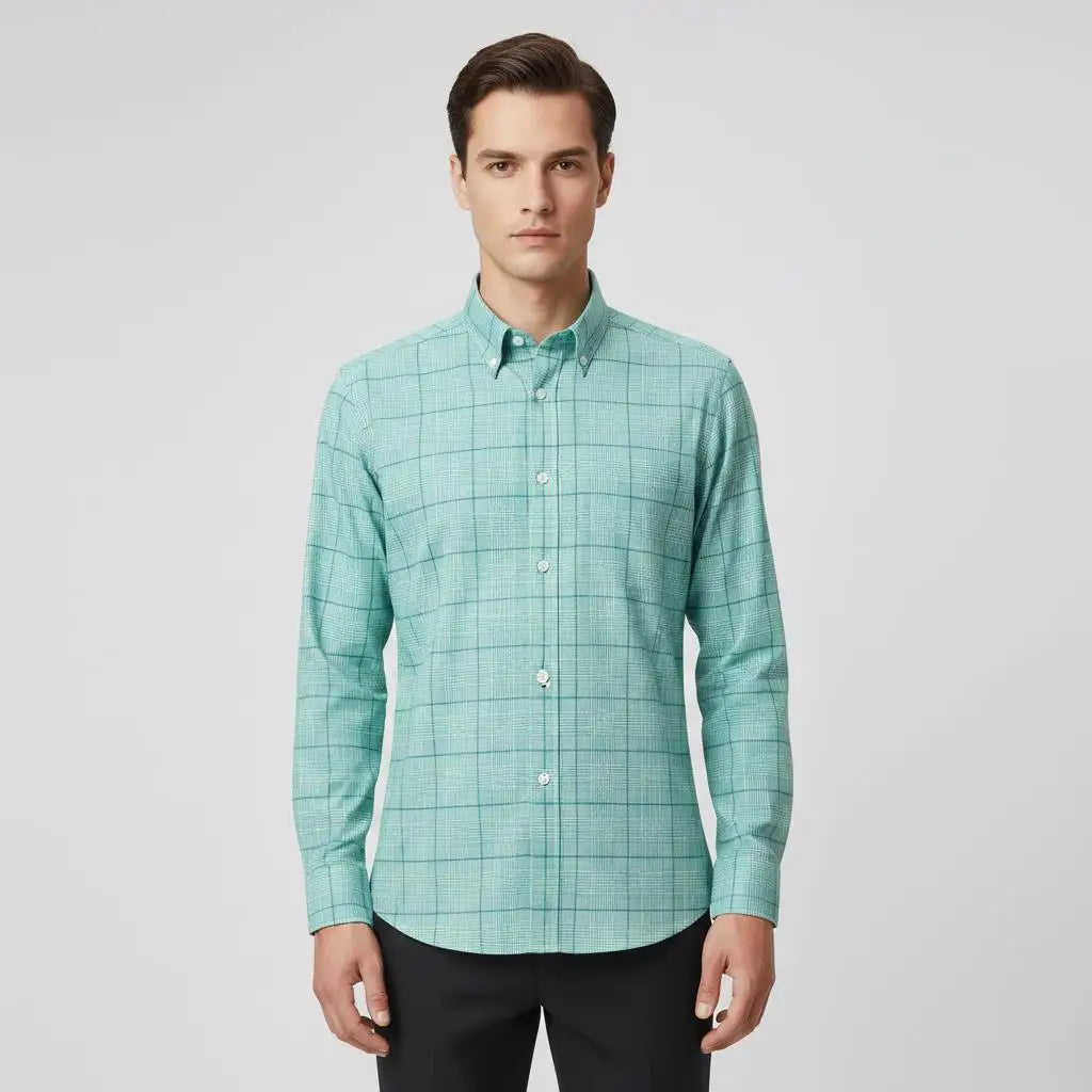 Men's plaid linen casual shirt, turquoise with button-front and long sleeves