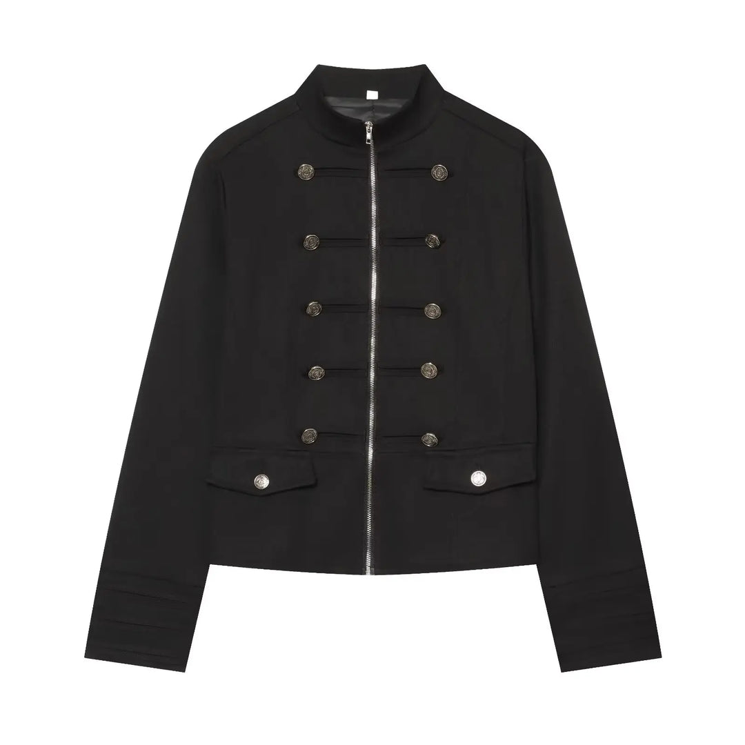 Black high-neck cropped blazer with front zip, double-row snap buttons, flap pockets