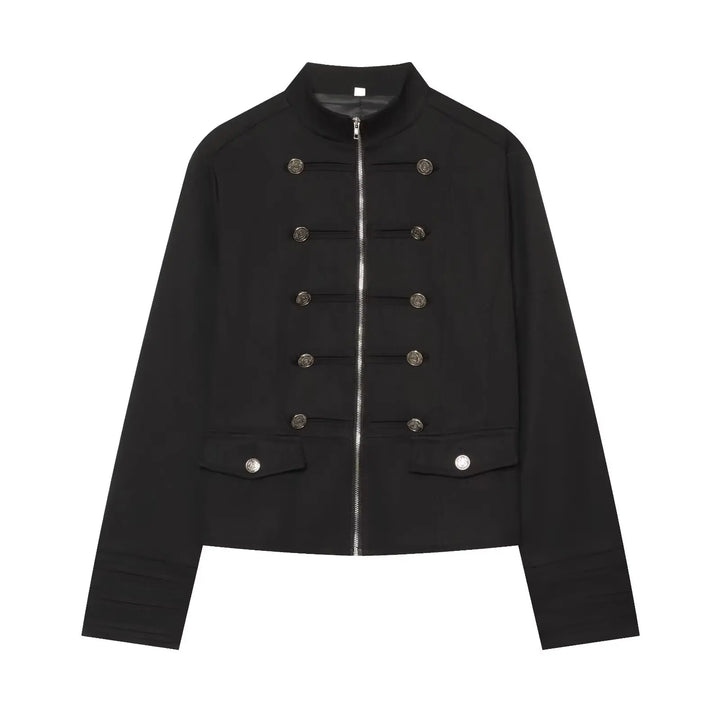 Black high-neck cropped blazer with front zip, double-row snap buttons, flap pockets