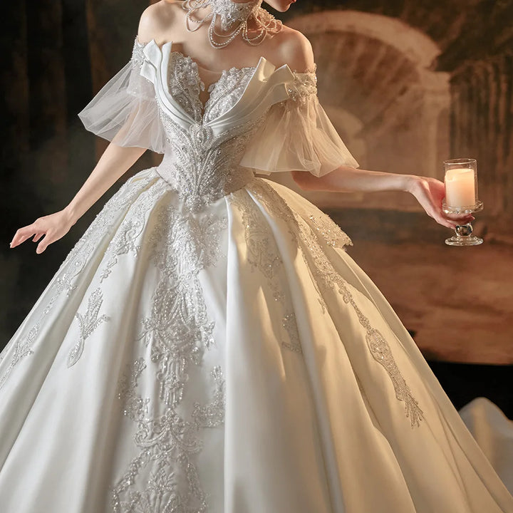 Robe de mariée élégante en satin de luxe Jancember 2024, manches courtes, col bateau, broderie, lacets, nœud, robe de mariée LSMX016