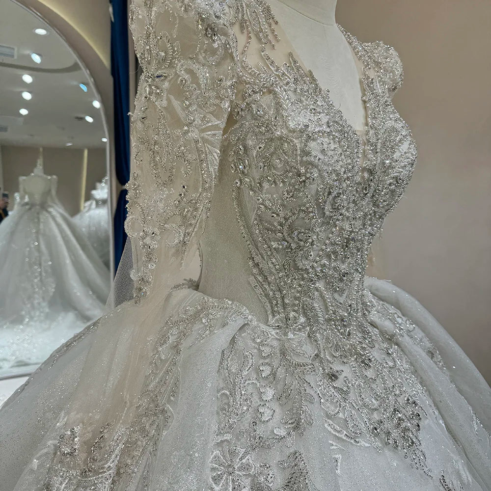 Superbe robe de mariée personnalisée à paillettes, manches longues, dos nu, vente en gros, DW0085