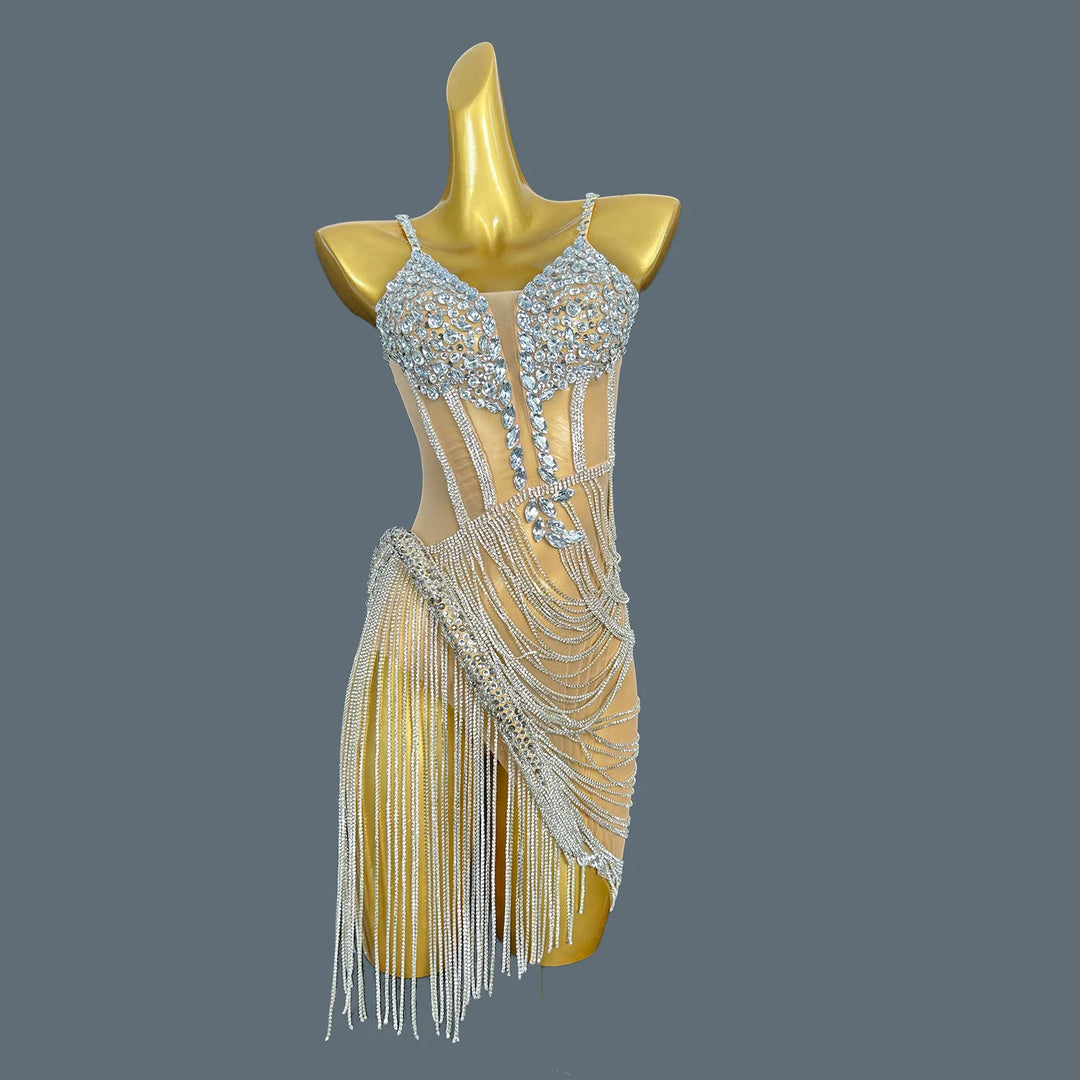 Shiny Crystal Tassel Mini Party Dress