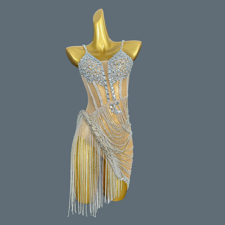 Shiny Crystal Tassel Mini Party Dress