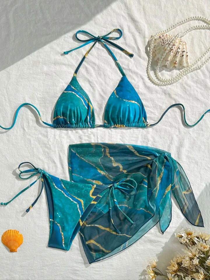 Trendy Marble Print 3-Pieces Bikini Set