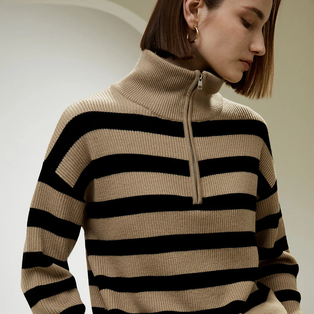 Versatile Striped Turtleneck Wool Sweater