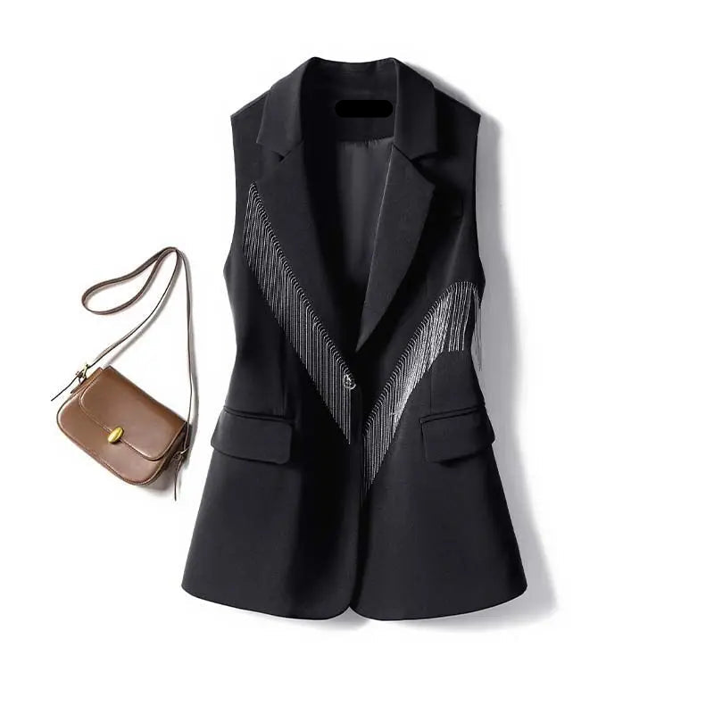 Black sleeveless suit vest with metallic fringe panels and double-pocket styling
