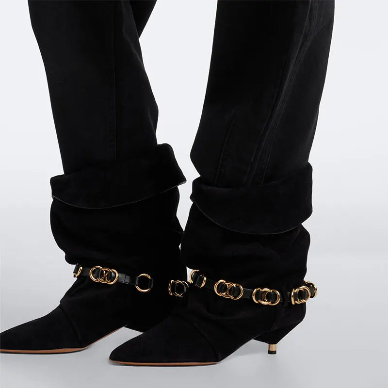 Women’s suede mid-calf heel boots, black with gold-tone chain strap detail