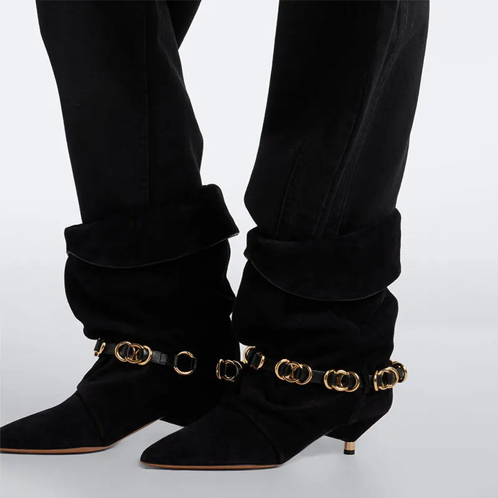 Women’s suede mid-calf heel boots, black with gold-tone chain strap detail