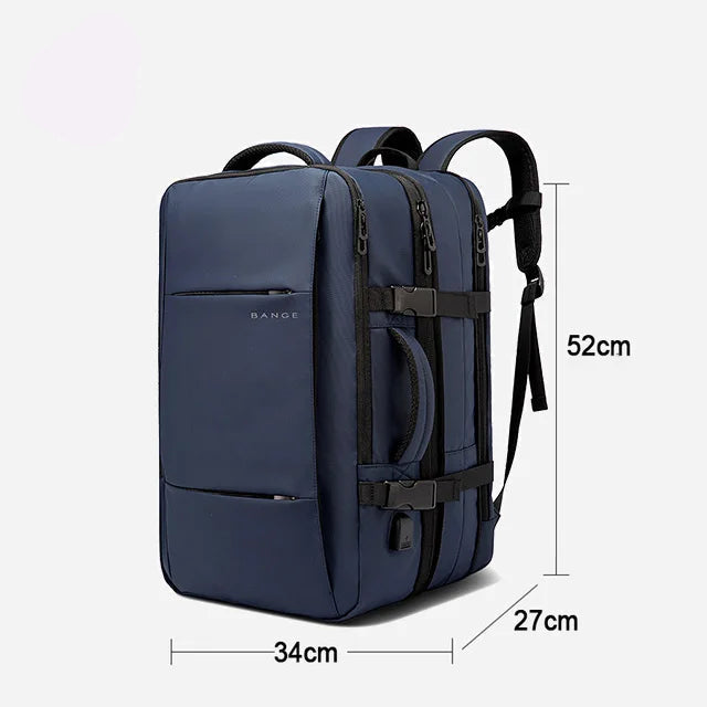 45L navy blue waterproof backpack with dimensions 34cm wide, 27cm deep, 52cm tall