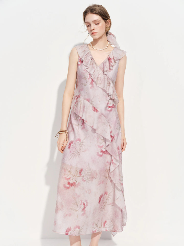 Alluring Floral Flounce Hem Maxi Dress
