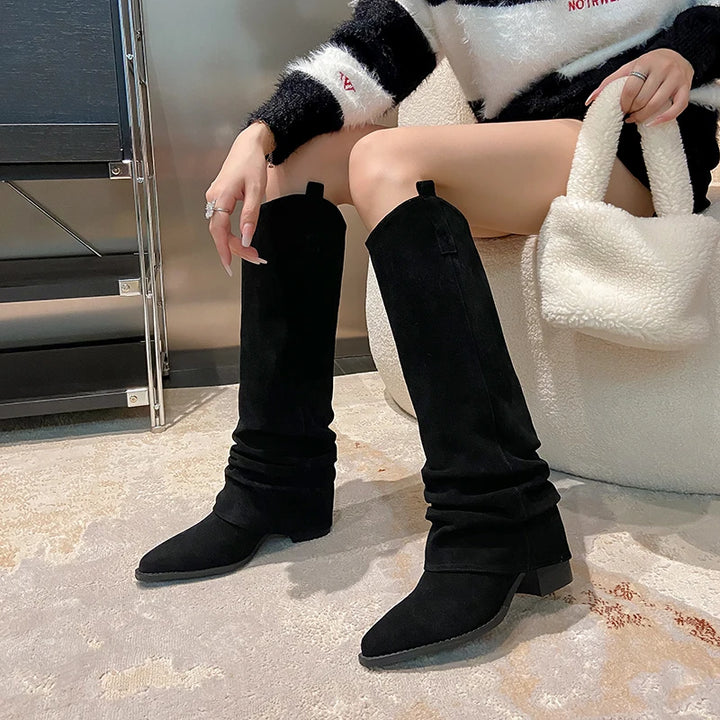 Trendy Pleated Mid-Calf Cow Suede Boots
