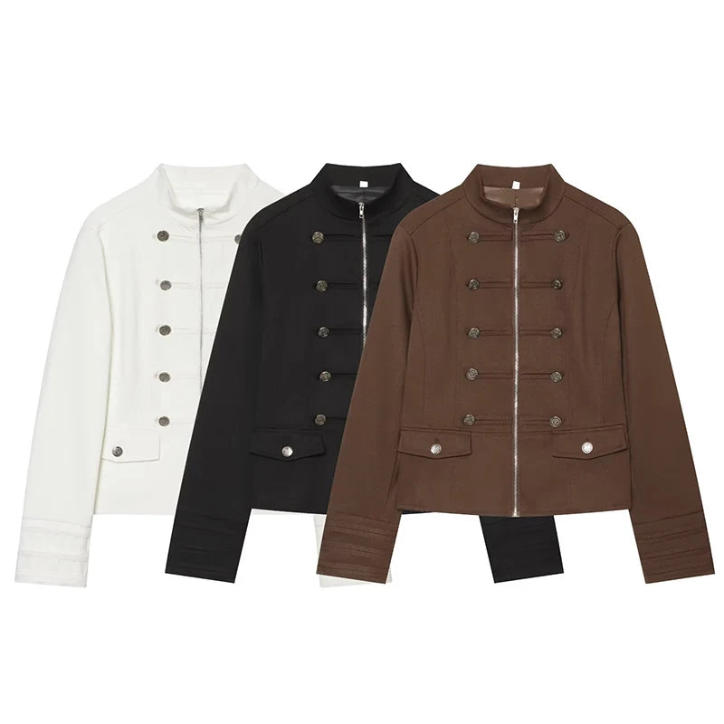 Cropped high-neck blazers in white, black, and brown with buttoned front and flap pockets