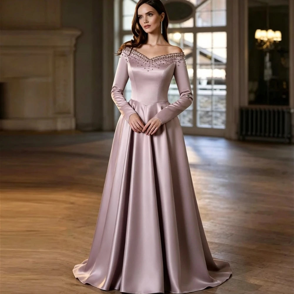 Women’s satin A-line skirt with ruched waistband and long flowing hem in light lavender