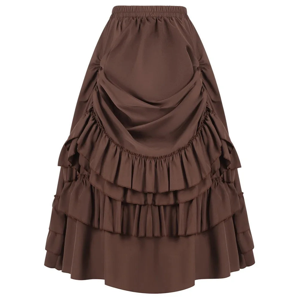 Brown long ruffled skirt with tiered layers and elastic waistband