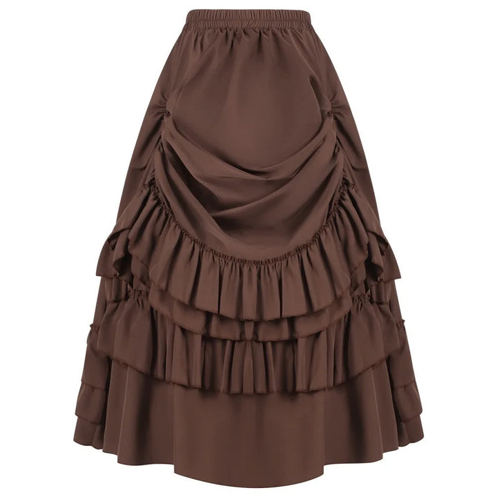 Brown long ruffled skirt with tiered layers and elastic waistband
