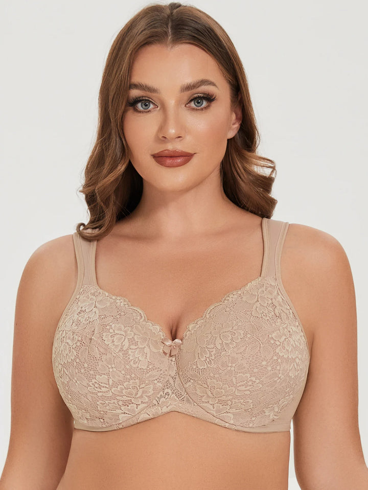 Beige lace underwire bra front view with scalloped edges and underwire cups