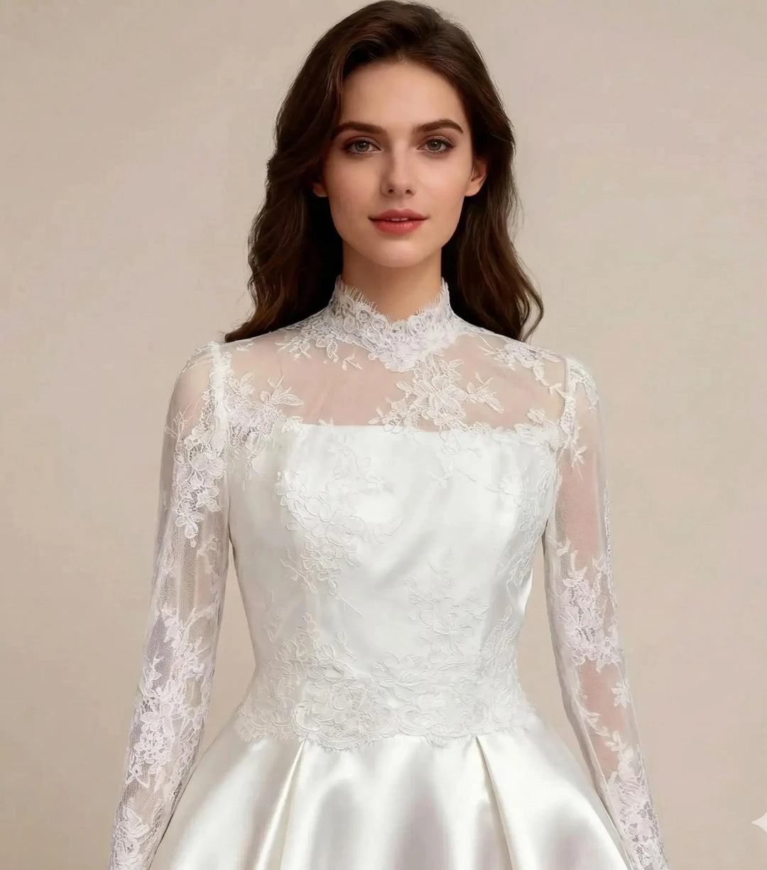 Off-white lace bridal jacket with high neck and long sheer sleeves