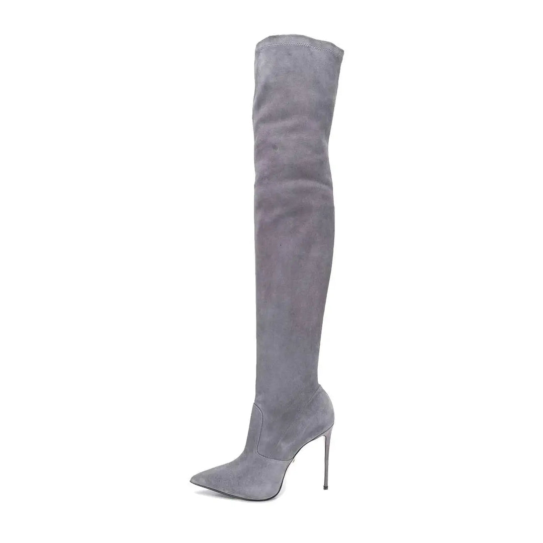 Gray knee-high skinny heel boots with pointed toe