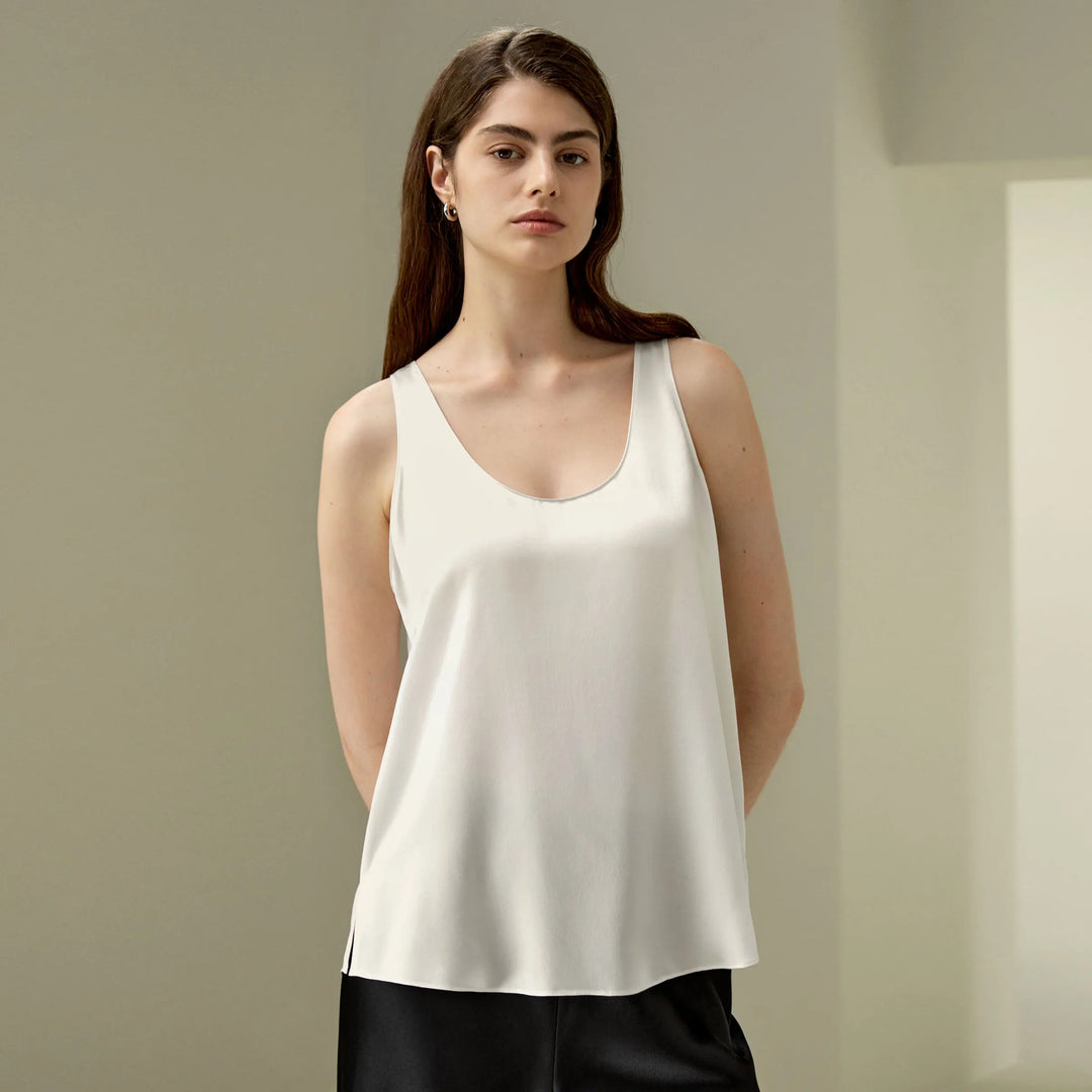 Women’s silk relaxed tank top, natural white, front view with scoop neckline