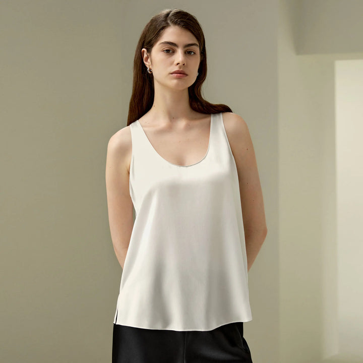 Women’s silk relaxed tank top, natural white, front view with scoop neckline