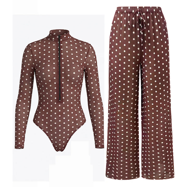 Brown polka-dot one-piece swimsuit with long sleeves and front zipper, with wide-leg pants