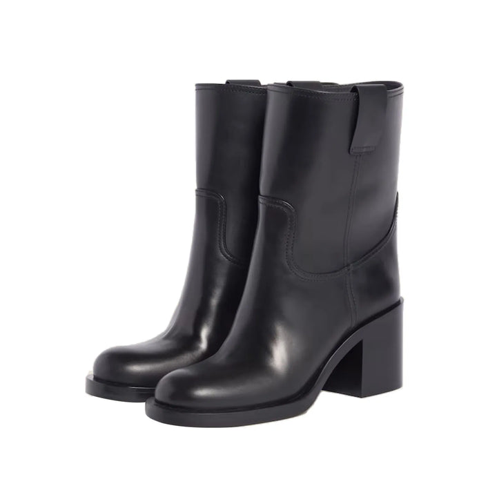 Black pull-on ankle boots with elastic-look side panels and chunky block heel