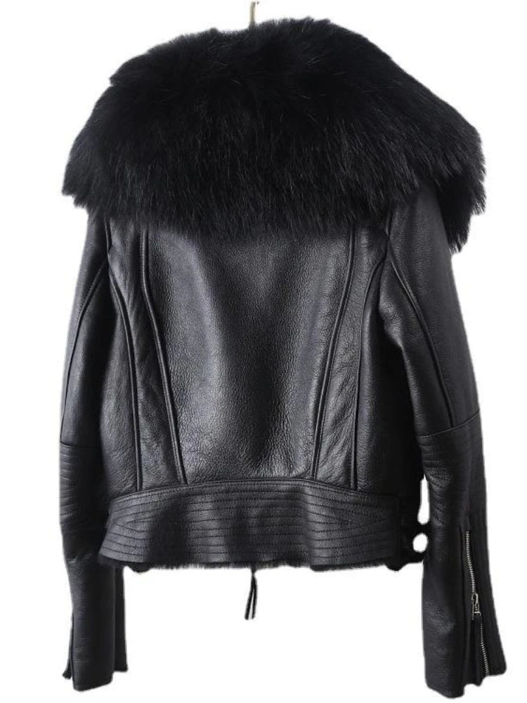 Black leather jacket back view with faux-fur collar and ribbed hem trim