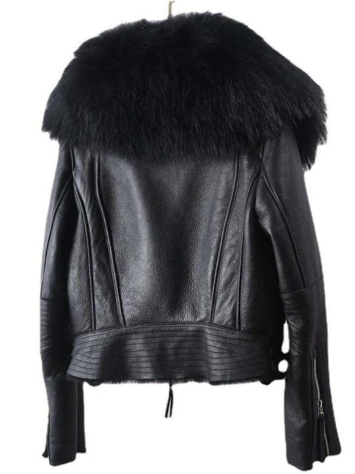 Black leather jacket back view with faux-fur collar and ribbed hem trim