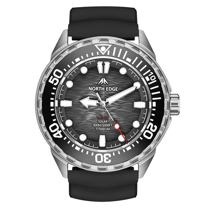 Titanium digital dive watch with black dial and black silicone strap