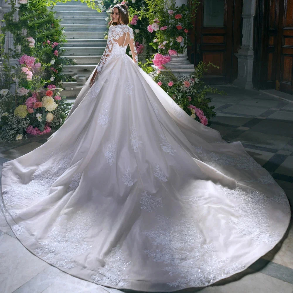 Regal Tulle Lace Long Sleeves Bridal Dress