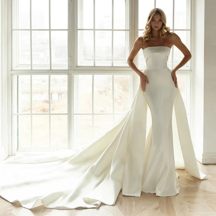 Satin Pleated Wedding Dress With Detachable Train