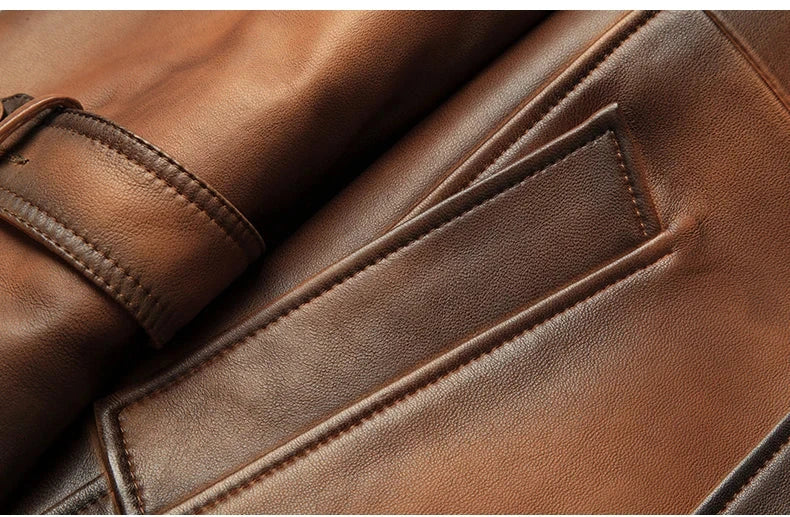 Vintage Natural Sheepskin Leather Long Coat