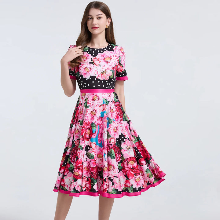 Elegant Short Sleeve Floral Mid Dress
