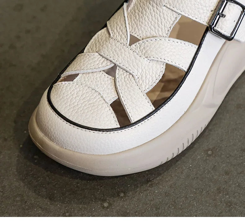 Women's wedge buckle strap shoes, white upper with black trim and square buckle