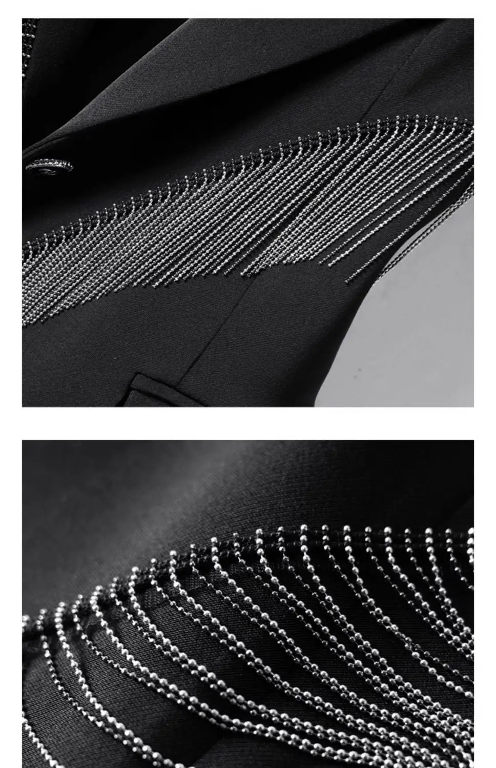Black vest with silver beaded fringe lines across front panel