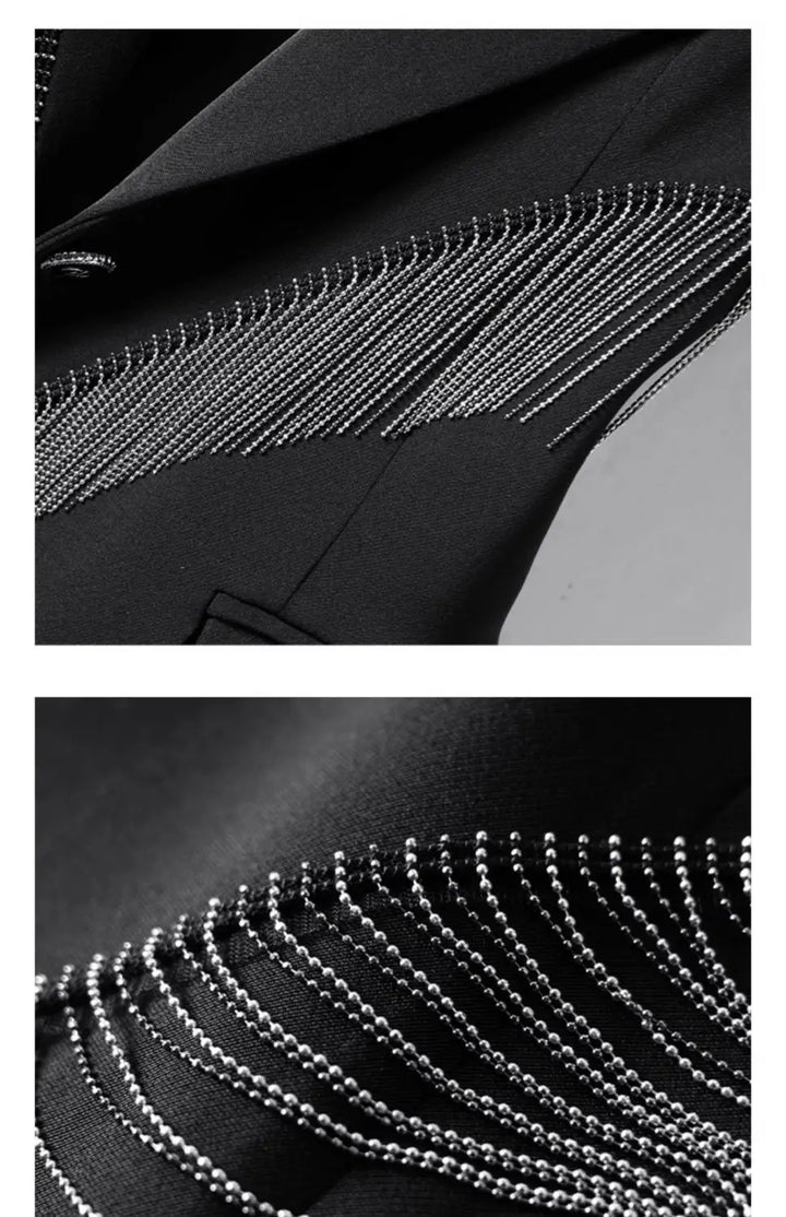 Black vest with silver beaded fringe lines across front panel