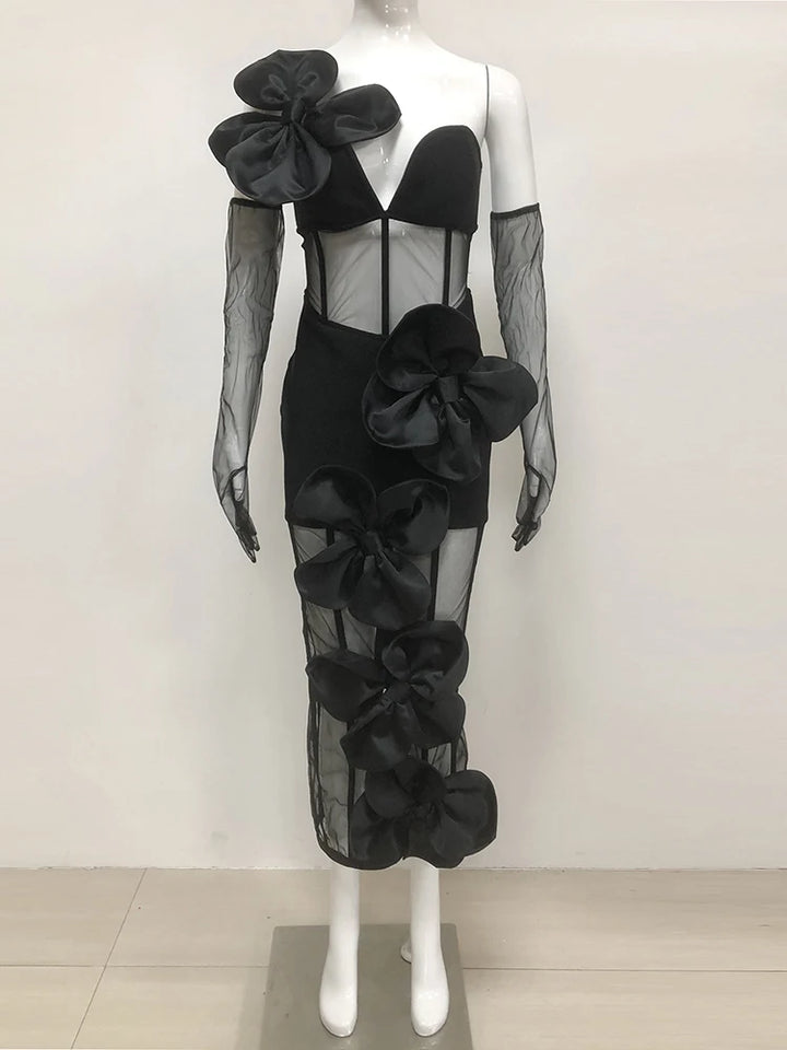 Stylish Mesh Flower Bodycon Dress