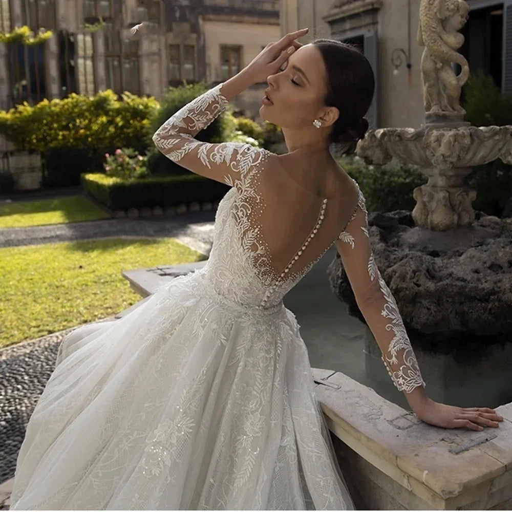 Regal Detachable Train Bridal Lace Gown