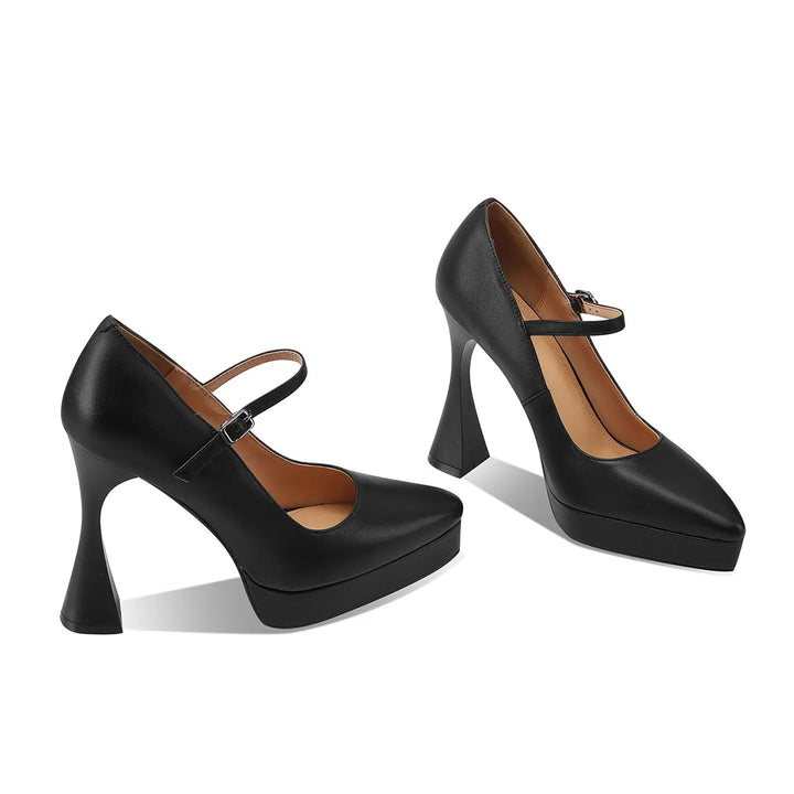 Black platform heel pumps with ankle strap and buckle, almond toe