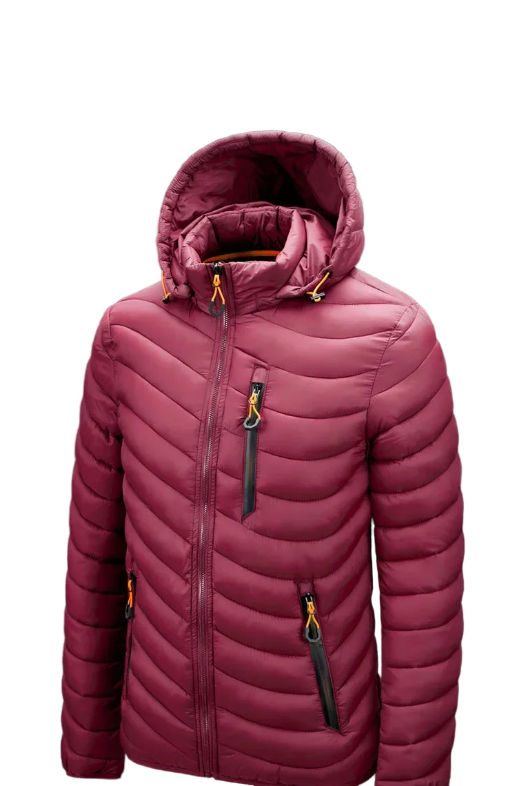 Pink puffer jacket with a hood on a black background