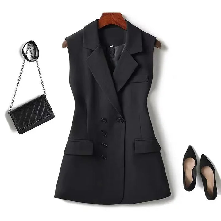 Black women’s blazer waistcoat with notched lapels and double-breasted button front