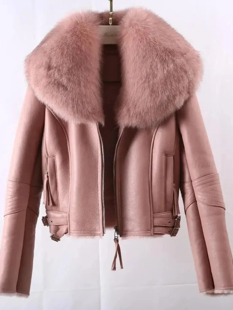 Women’s sheepskin fur jacket in blush pink; fluffy fur collar and front zip detail